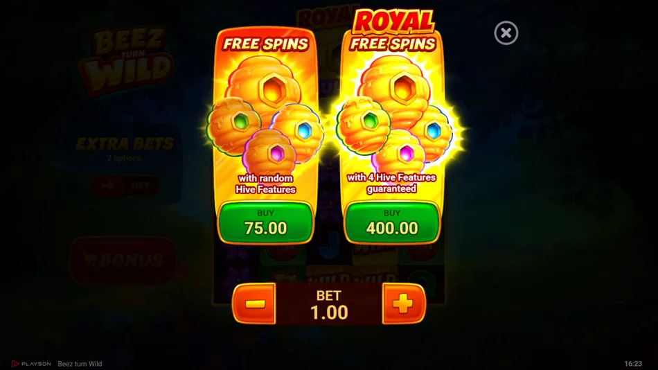 Bonus buy menu with 75x and 400x free spins options